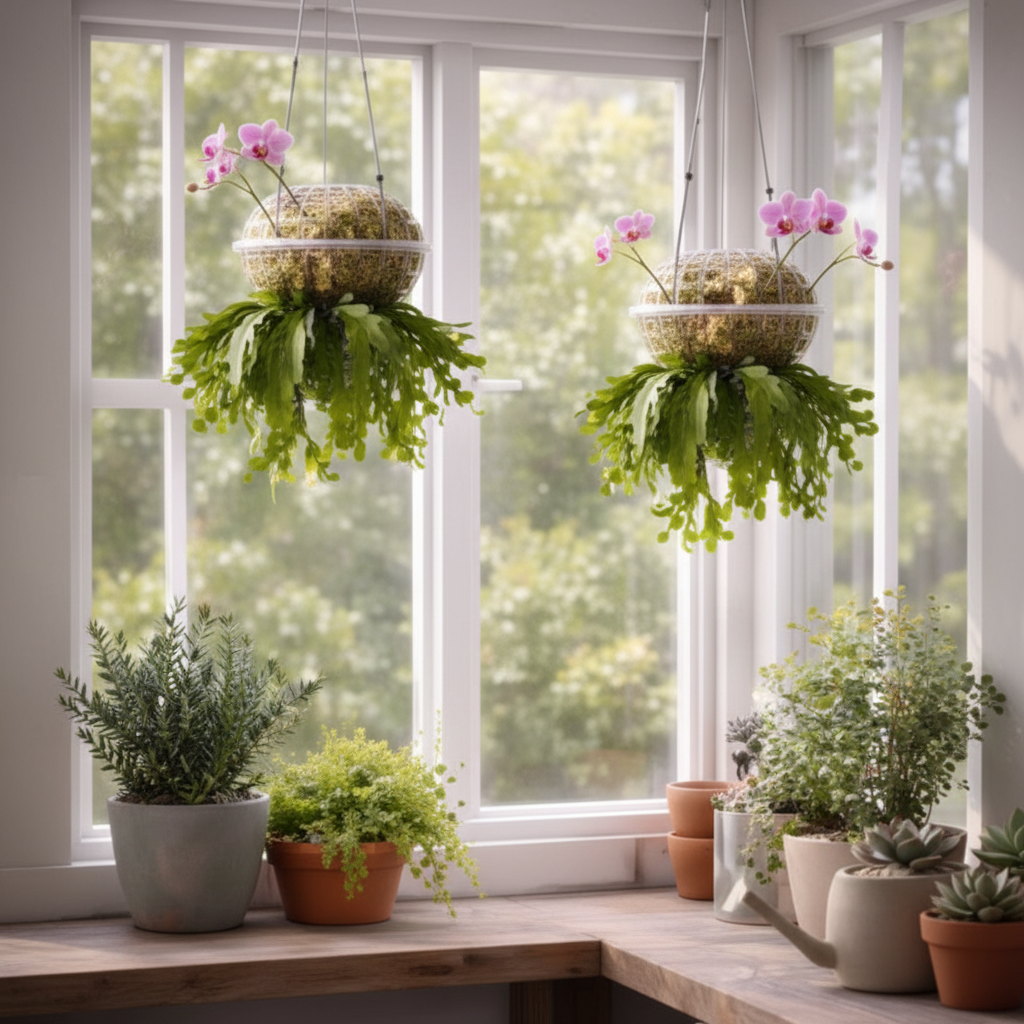 Two clear plastic sphere plant baskets hanging in sunny window surrounded by potted succulents on windowsill