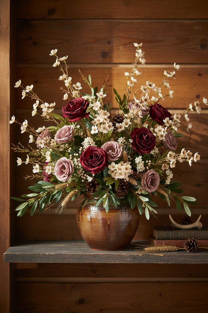 Cream beige dogwood wildflower stems with burgundy spray roses and dusty mauve lisianthus in earthy pottery vessel on barn wood shelf - rustic log home decor