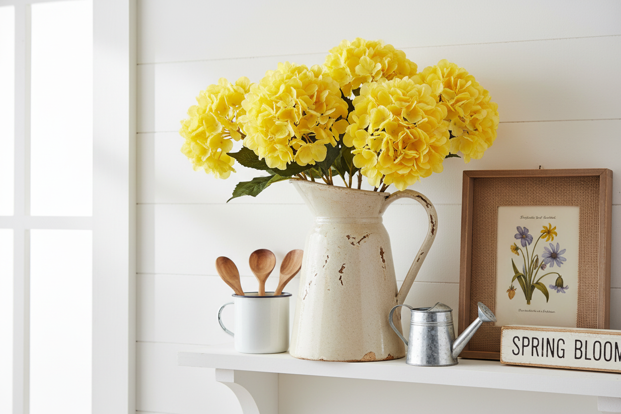 Sunny yellow hydrangea stems in vintage pitcher on white shiplap wall shelf with farmhouse accessories