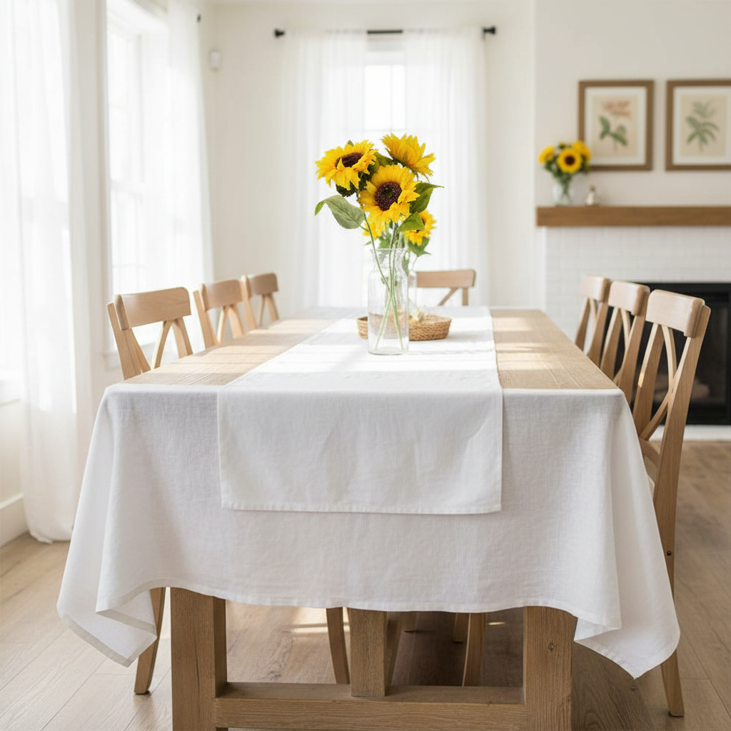 Artificial yellow sunflowers in clear glass vase as farmhouse dining table centerpiece