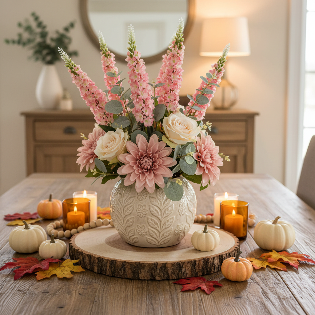 Blush pink snapdragon larkspur stems in a fall Thanksgiving centerpiece with dahlias, ivory roses, pumpkins, and amber candles