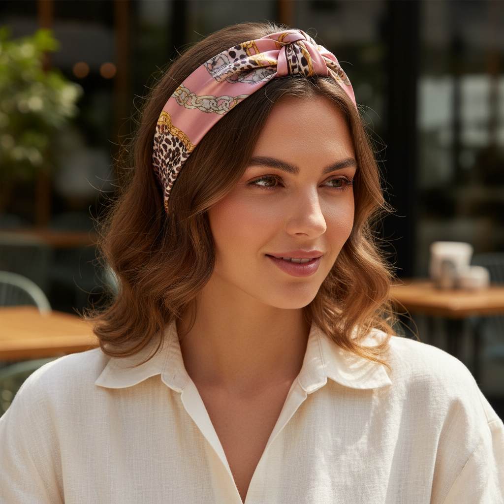 Blush Safari Satin Scarf Styled as Headband 20x20 Pink Leopard Print Hair Accessory