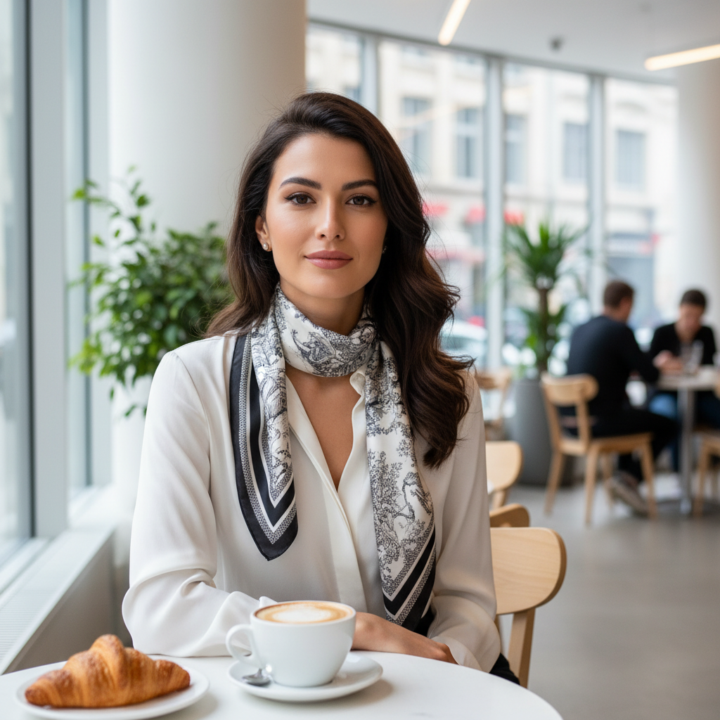 Chic woman wearing black and white African jungle safari animal print satin scarf tied around neck over white blouse at modern city cafe