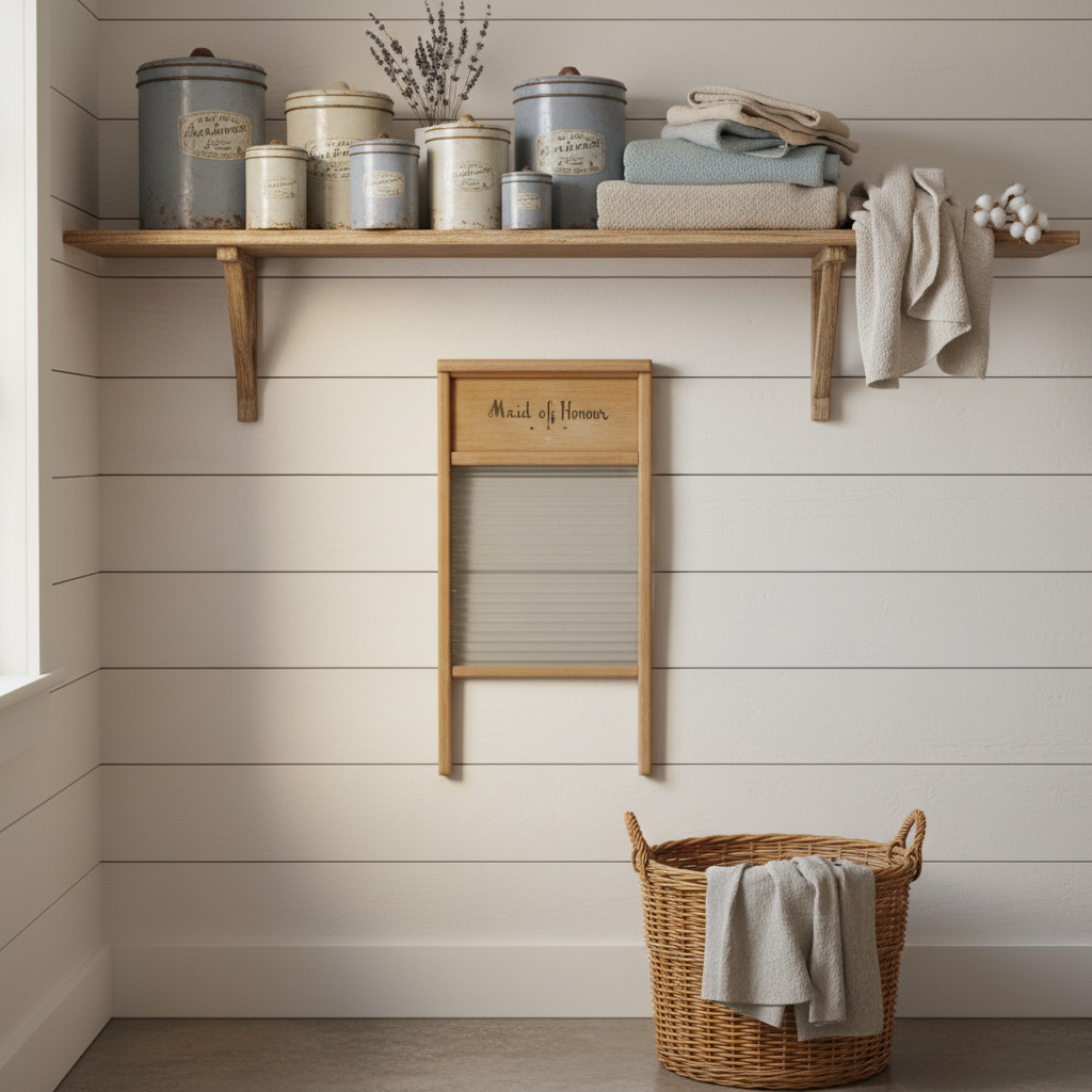 Vintage Maid of Honor wooden washboard with embossed glass surface hung on shiplap wall in farmhouse laundry room decor