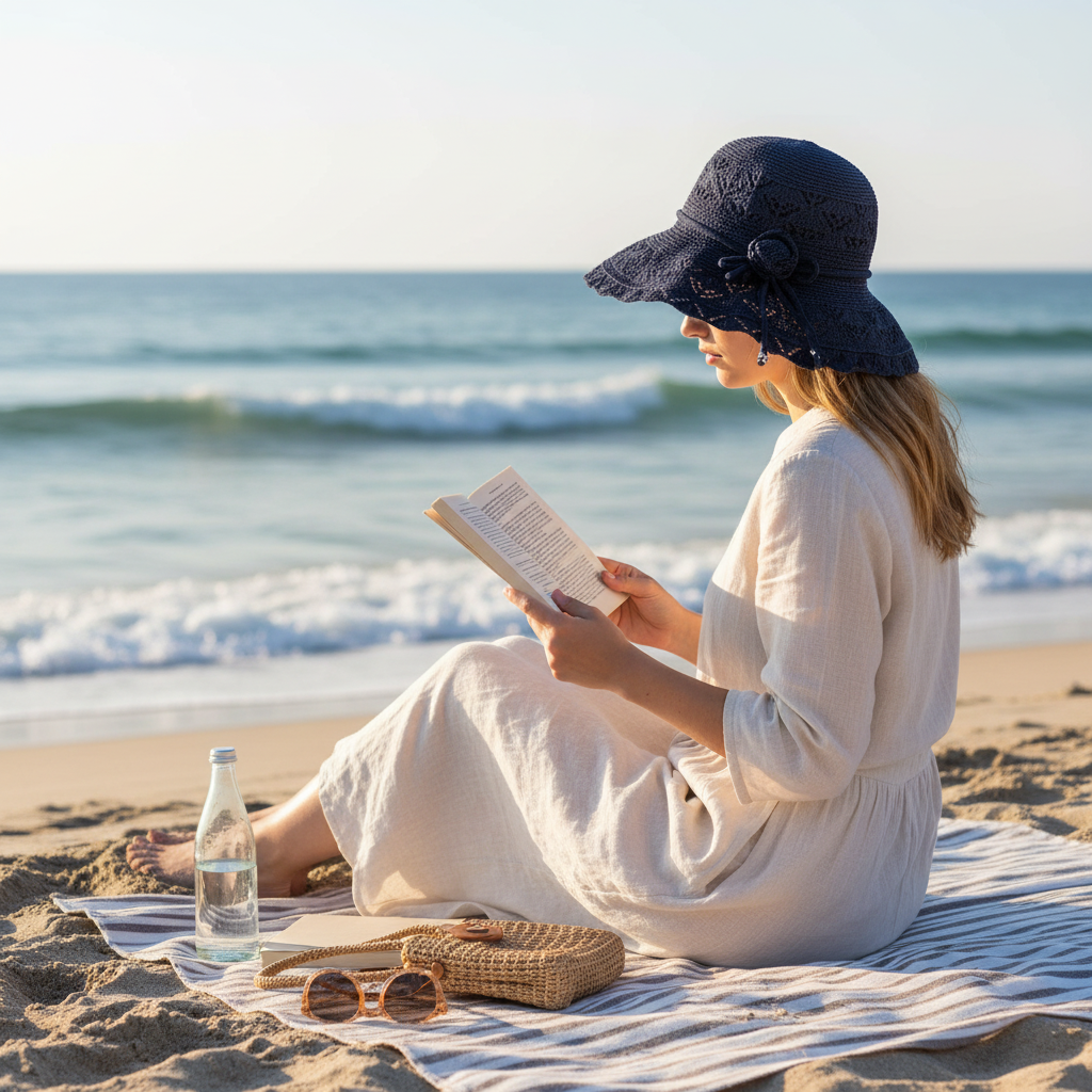 Woman wearing navy blue sun hat at beach
