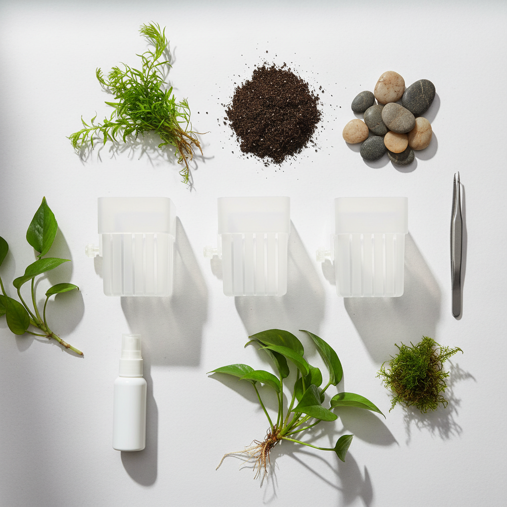 Flat lay overhead shot of three clear plastic aquarium plant baskets surrounded by aquatic plants, river pebbles, substrate, tweezers and planting supplies on a clean light surface