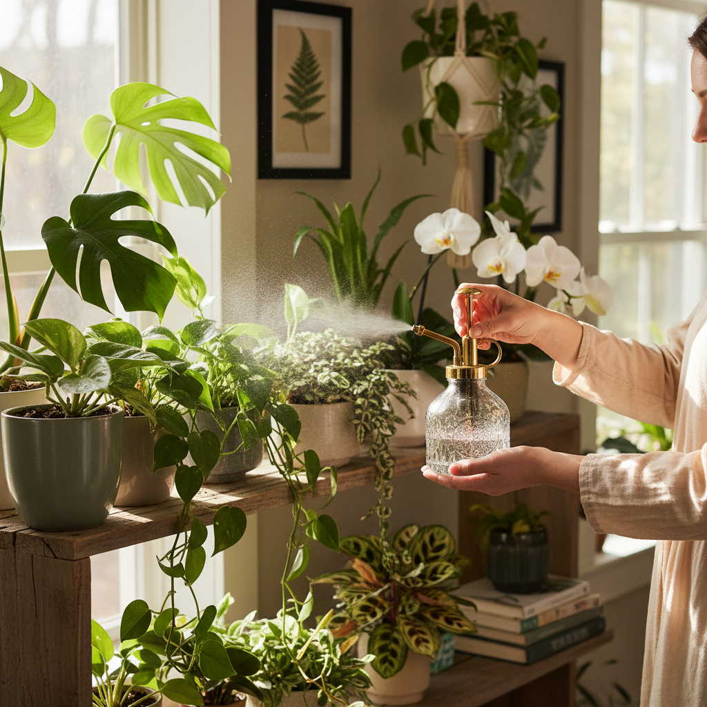 Woman using smoke gray glass plant mister with gold pump to mist orchids and tropical houseplants on rustic wooden shelf with botanical cottagecore decor