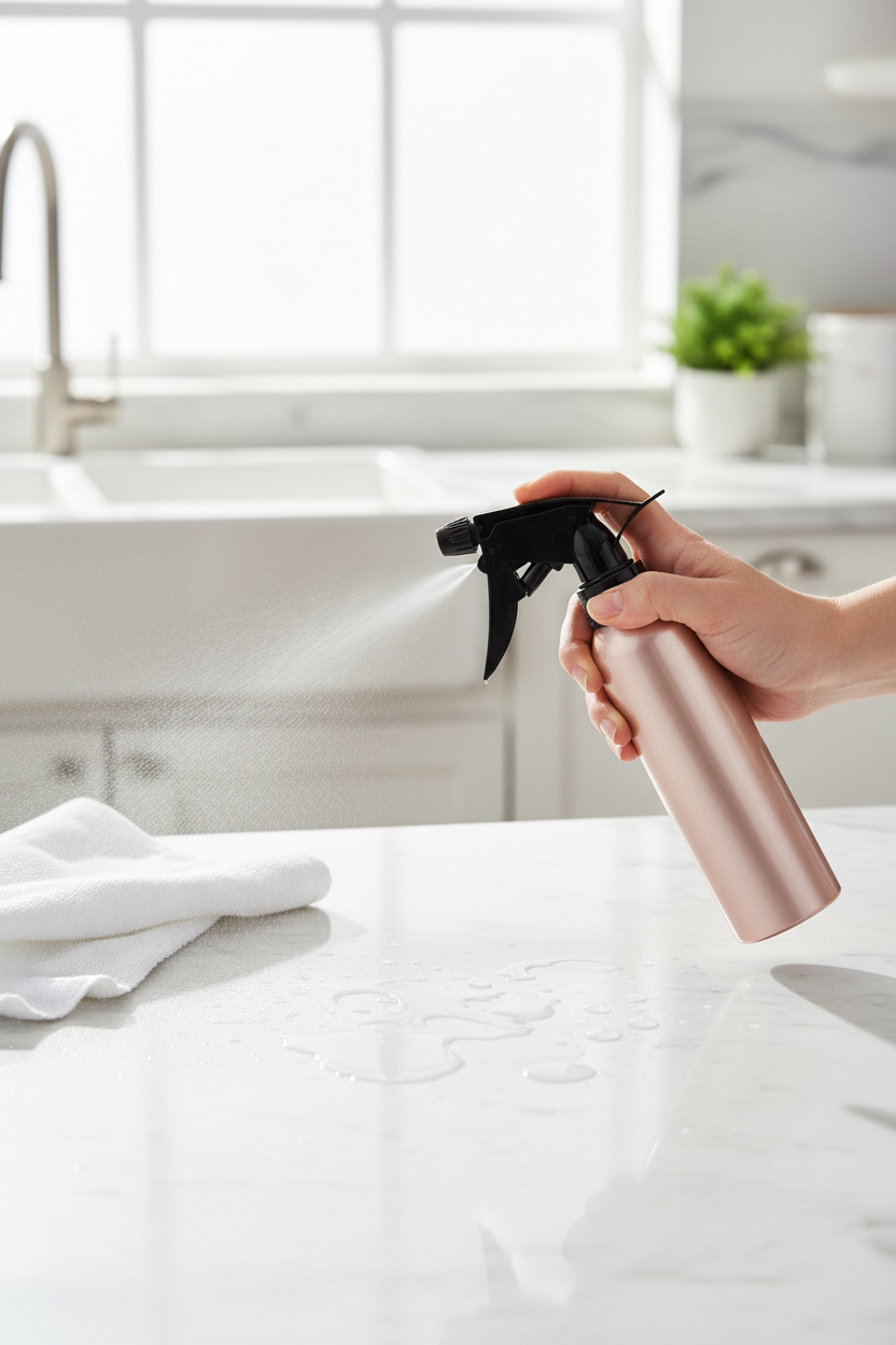 Rose gold metallic aluminum spray bottle on white marble kitchen counter with folded cloth, bright modern kitchen cleaning scene