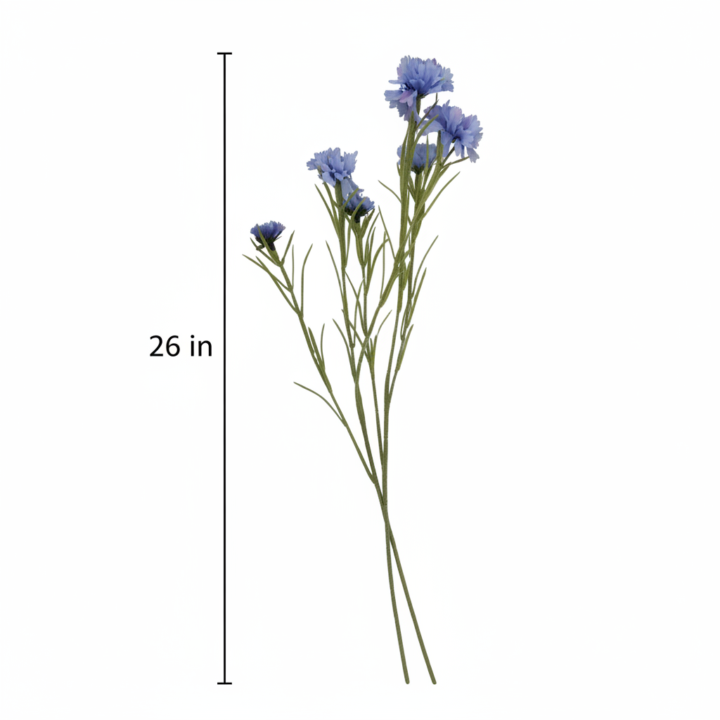 Artificial periwinkle blue cornflower stem standing upright showing 26 inch total height measurement