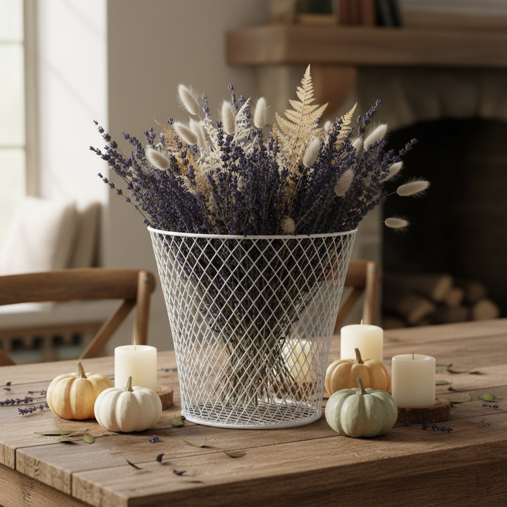 White wire mesh basket styled as a cottagecore centerpiece on a vintage wooden table with dried lavender and candles