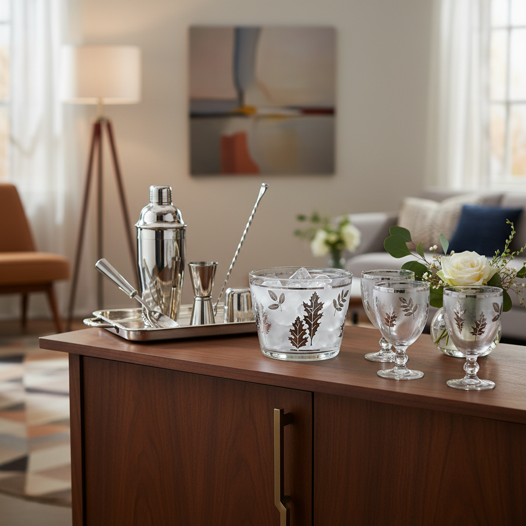 Vintage Libbey frosted silver leaf glass ice bucket paired with matching Libbey goblets on a dark wood sideboard with vintage bar tools