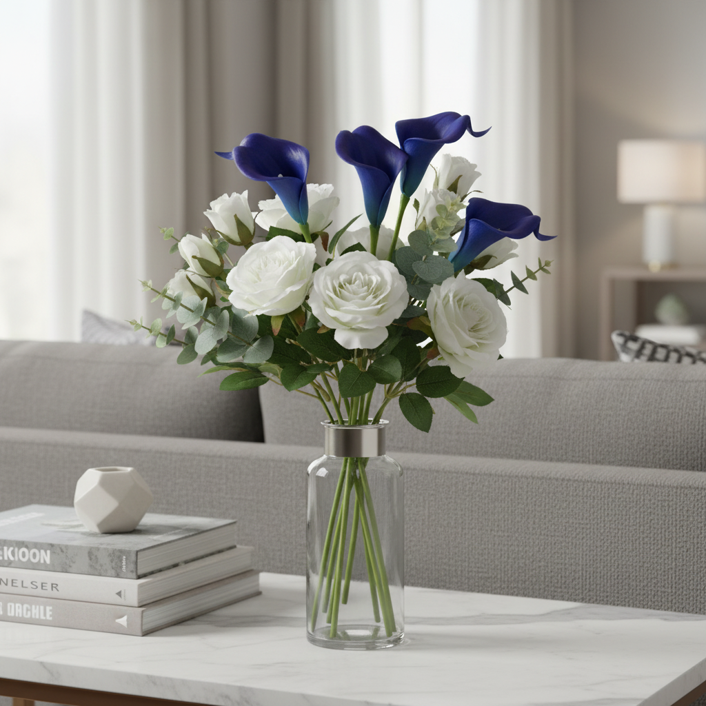 Cobalt blue calla lily artificial flowers arranged with white roses and eucalyptus in elegant vase