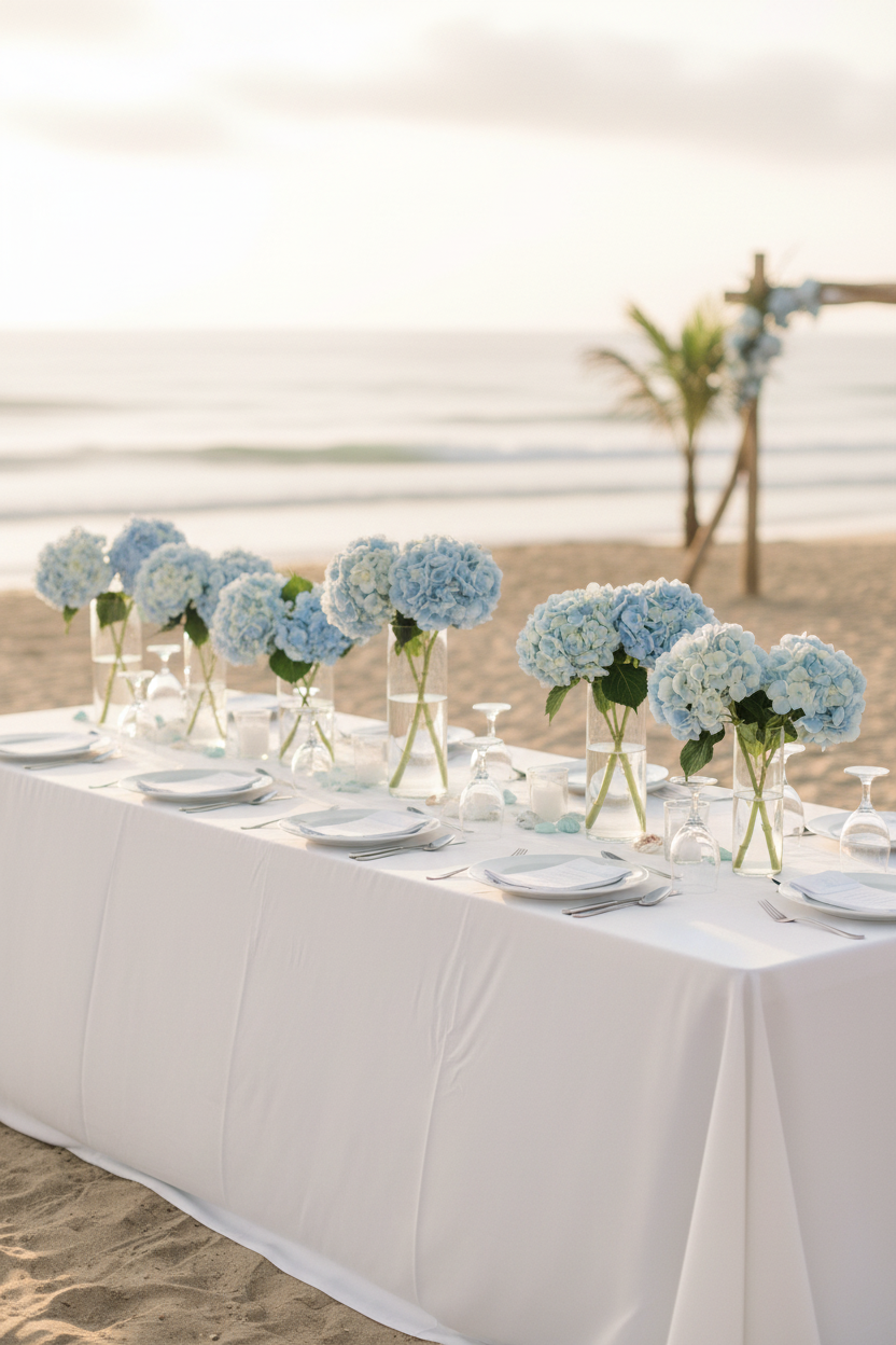 Coastal wedding reception centerpiece with soft blue hydrangea stems in clear glass vases on white linens