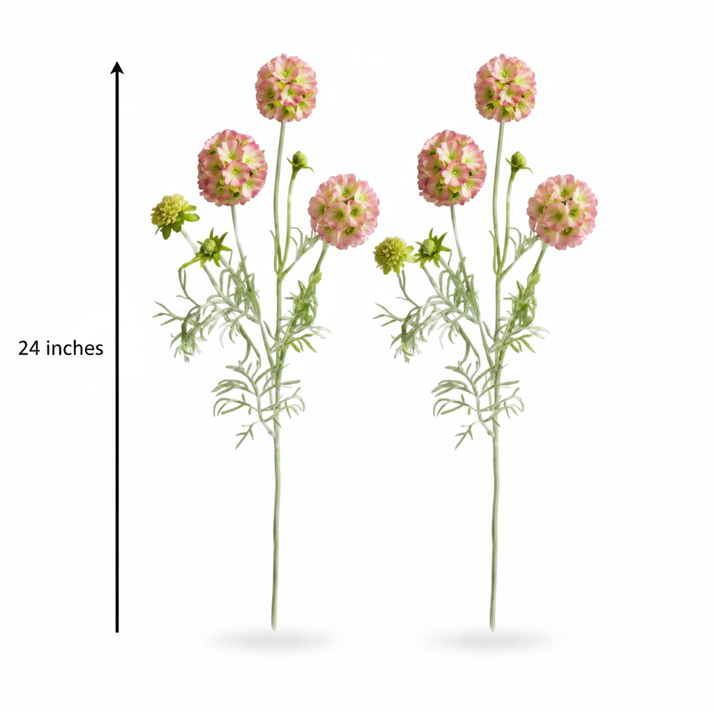 Flat lay measurement diagram of 2 faux blush pink scabiosa flower stems on white background with 24 inches height arrow