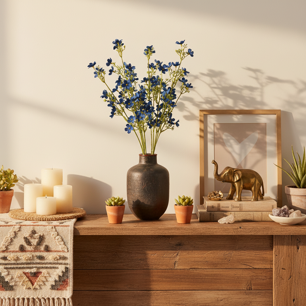 Artificial cobalt blue dogwood stems in dark ceramic vase on eclectic boho mantel with candles and woven neutral decor