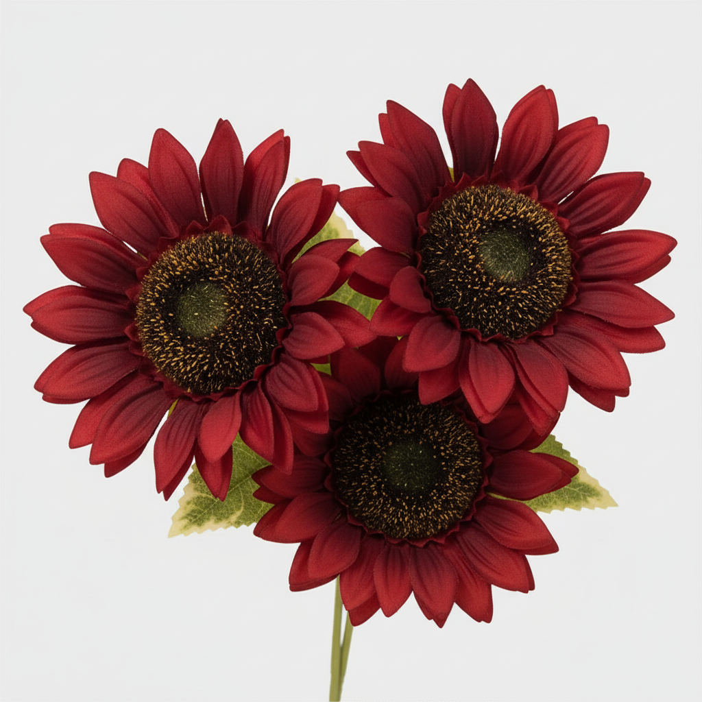 Close-up detail of burgundy sunflower showing deep red wine-colored silk petals and textured center