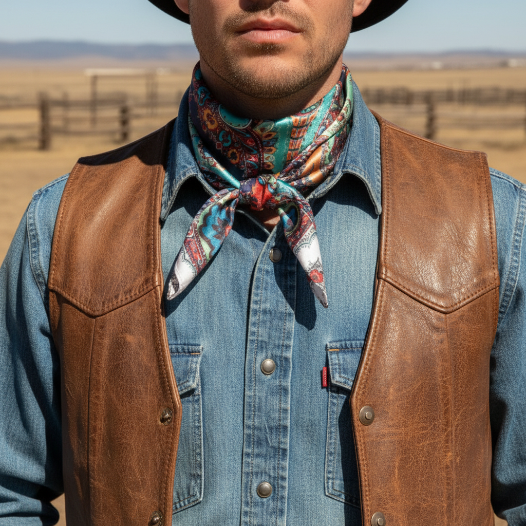 Cowboy wearing turquoise paisley wild rag neckerchief classic western attire denim leather vest
