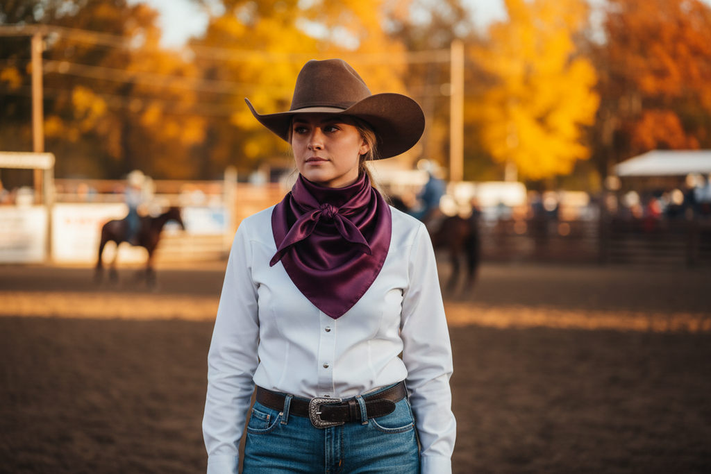 Eggplant purple wild rag worn at fall rodeo with autumn foliage, white western shirt and denim