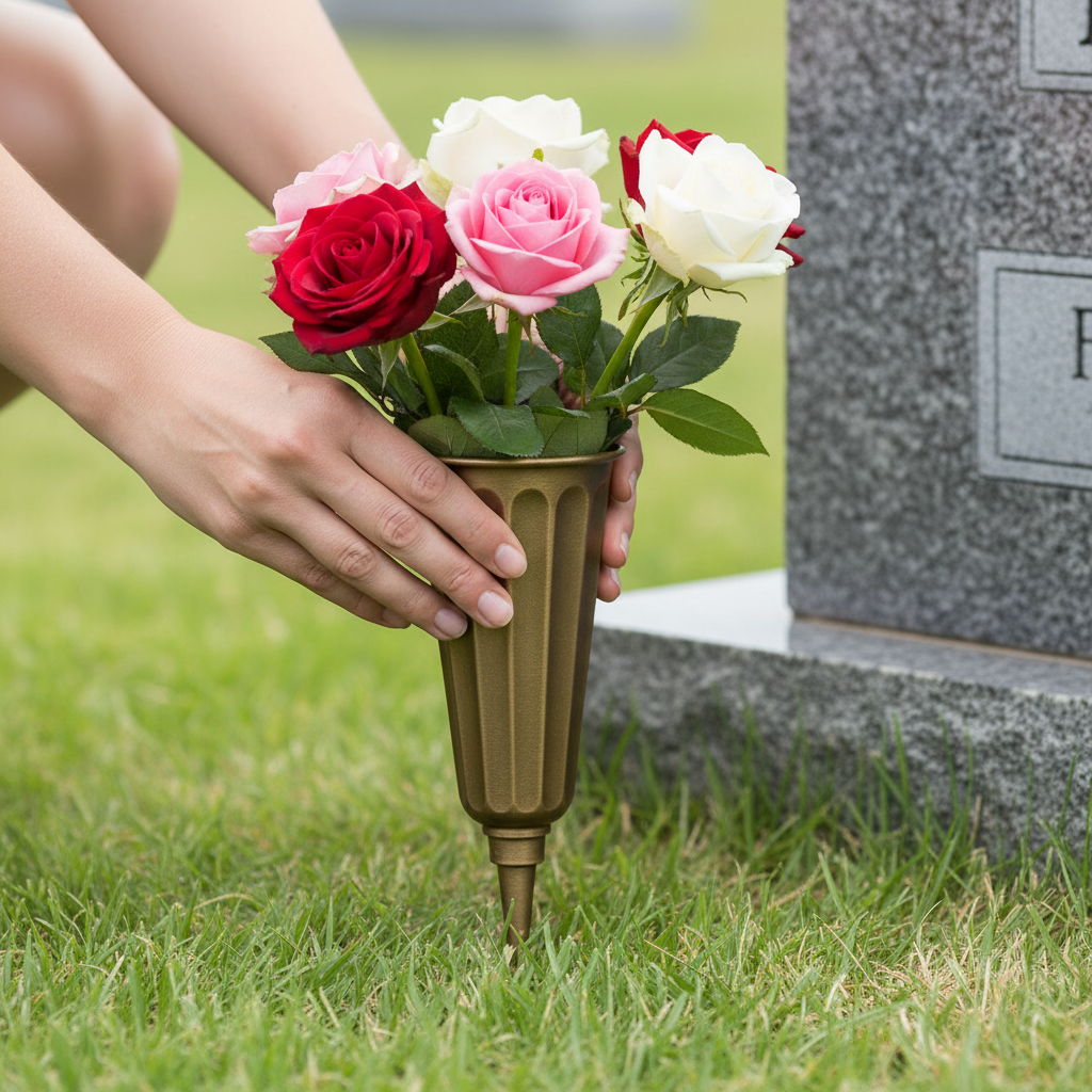 Hands placing fresh roses into gold cemetery vase at gravesite memorial