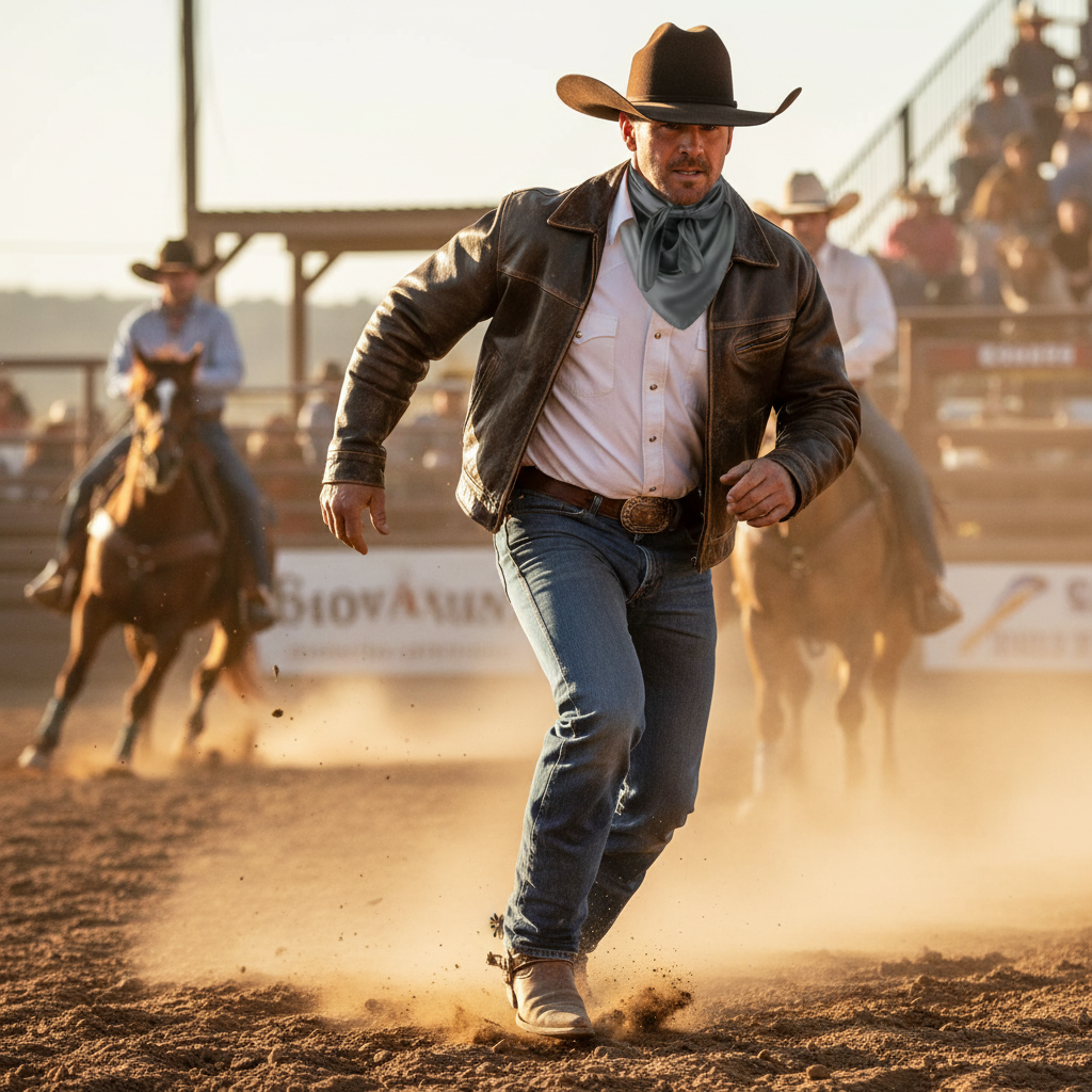 Cowboy styling dark gray satin wild rag neck scarf at rodeo event