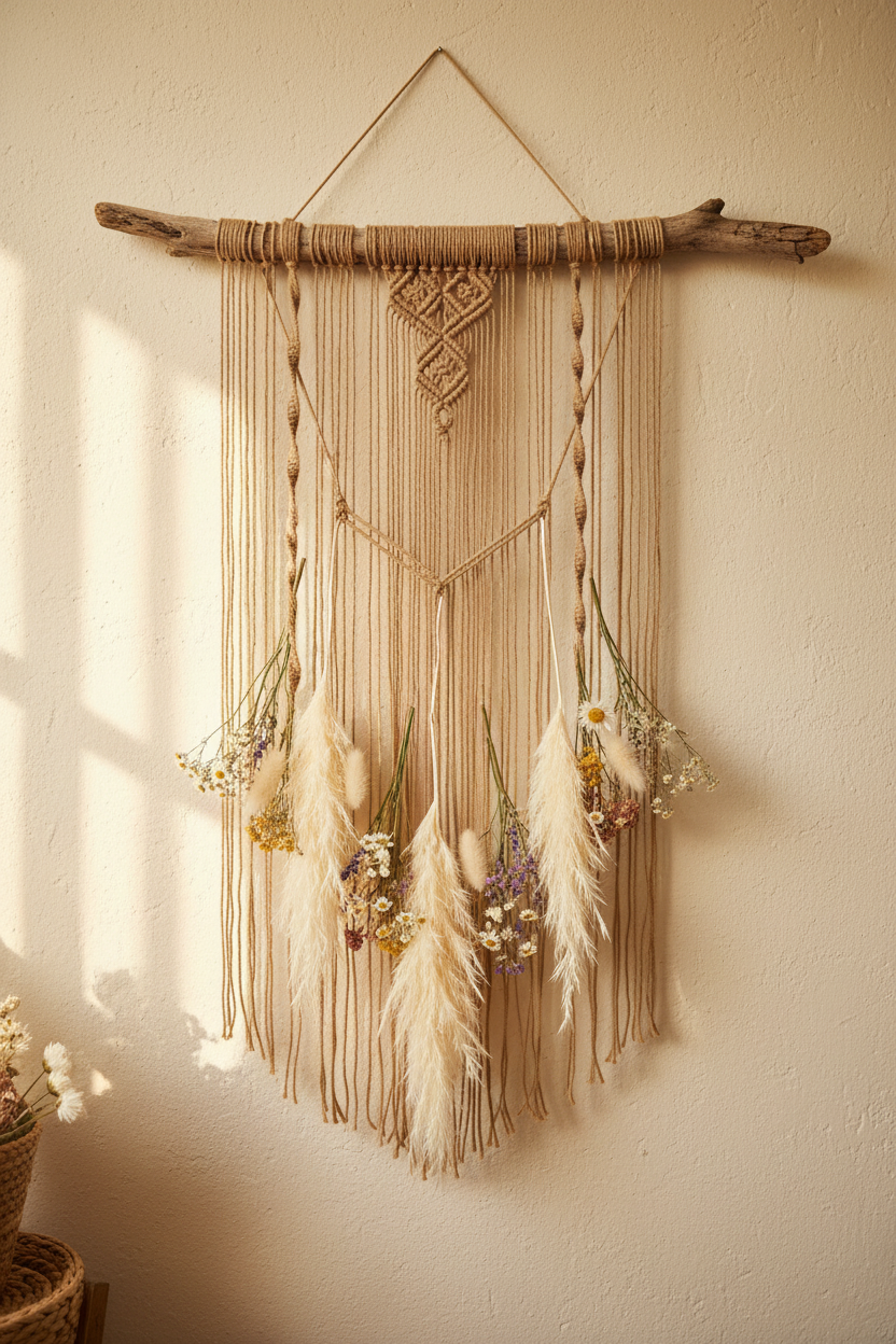 Boho farmhouse wall hanging made with natural jute twine rope and driftwood stick decorated with dried pampas grass and wildflowers on a cream plaster wall