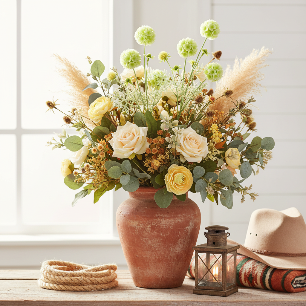 Faux green white scabiosa pincushion flower stems tucked into a rustic western wildflower arrangement in a terracotta vase with rope coil, vintage lantern, and cowboy hat on weathered wood