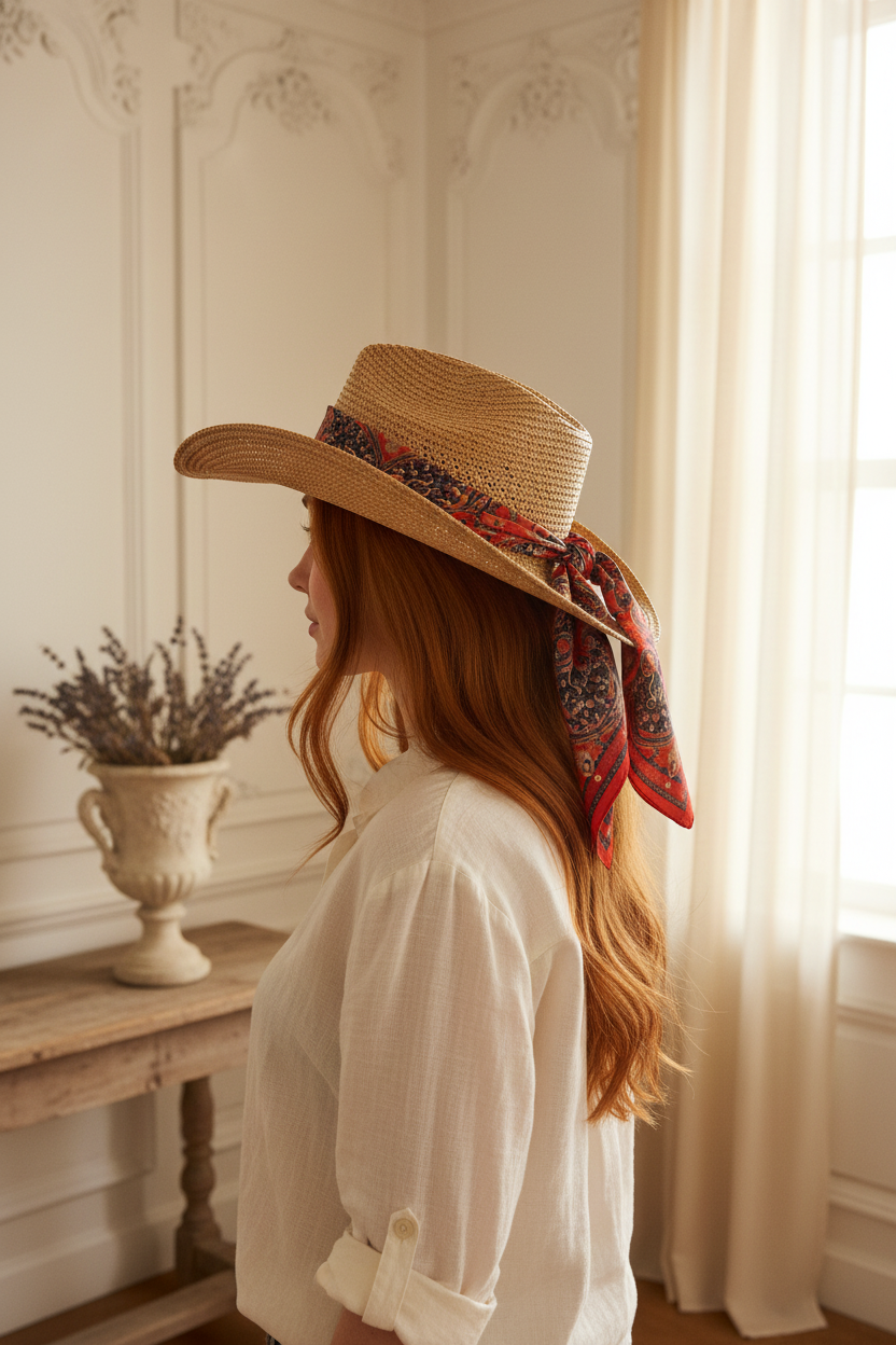 Orange red paisley square scarf tied as hat band accent on straw cowgirl hat French country setting