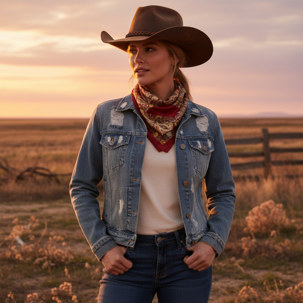 Woman wearing burgundy red gold paisley satin scarf as a western neck bandana with cowboy hat – rodeo and ranch wear styling
