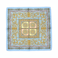 Baroque gold blue satin scarf 35x35 inches square with intricate scrolling floral medallion pattern on white background