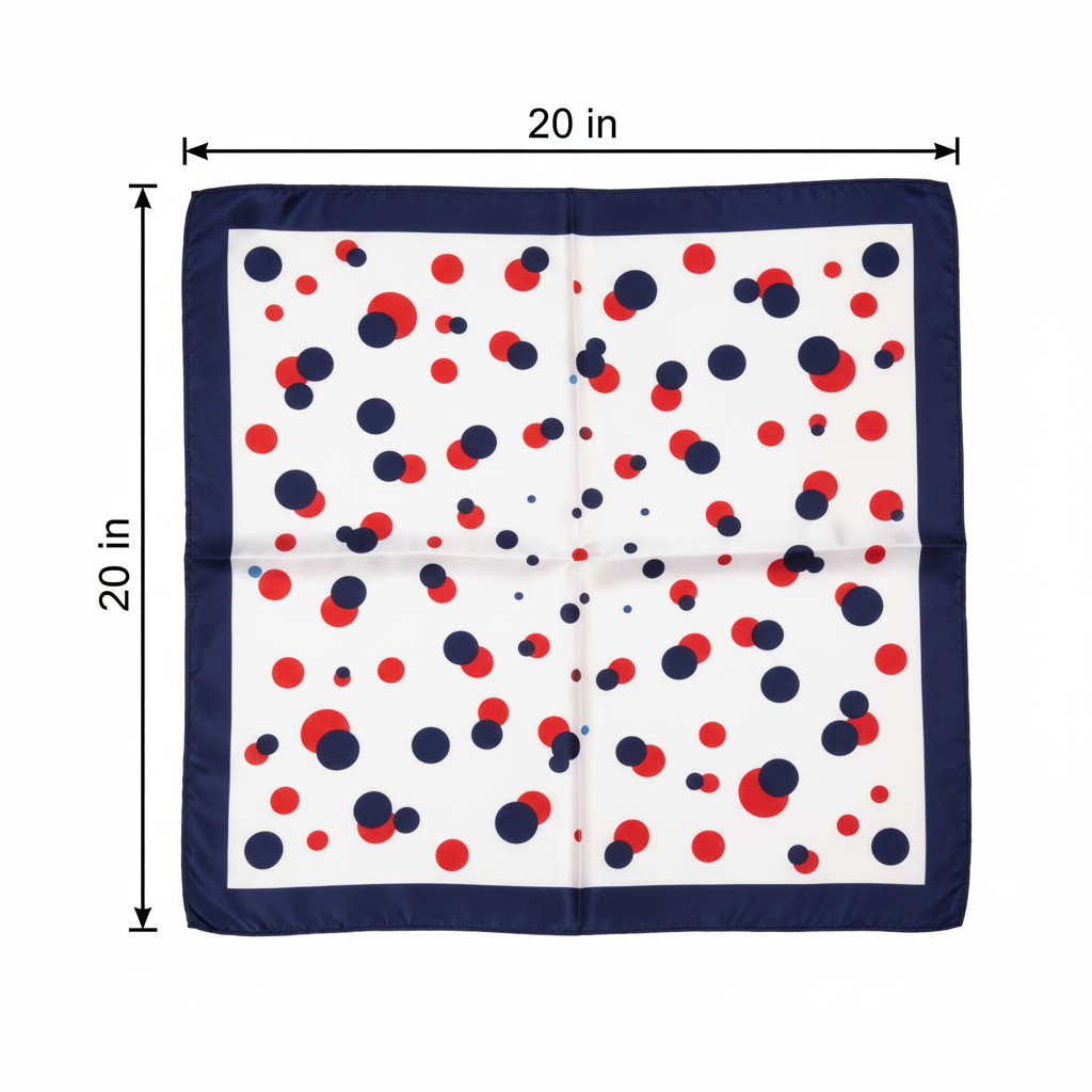 Measurement diagram showing patriotic polka dot square scarf dimensions 20 x 20 inches