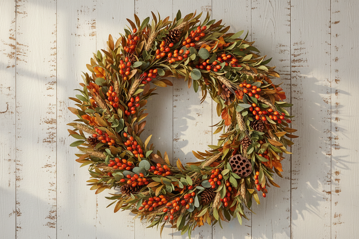 Artificial red-orange bittersweet berry stems as focal clusters on a full layered fall wreath with eucalyptus greenery, dried wheat, and pine cone accents hanging on a rustic farmhouse shiplap wall