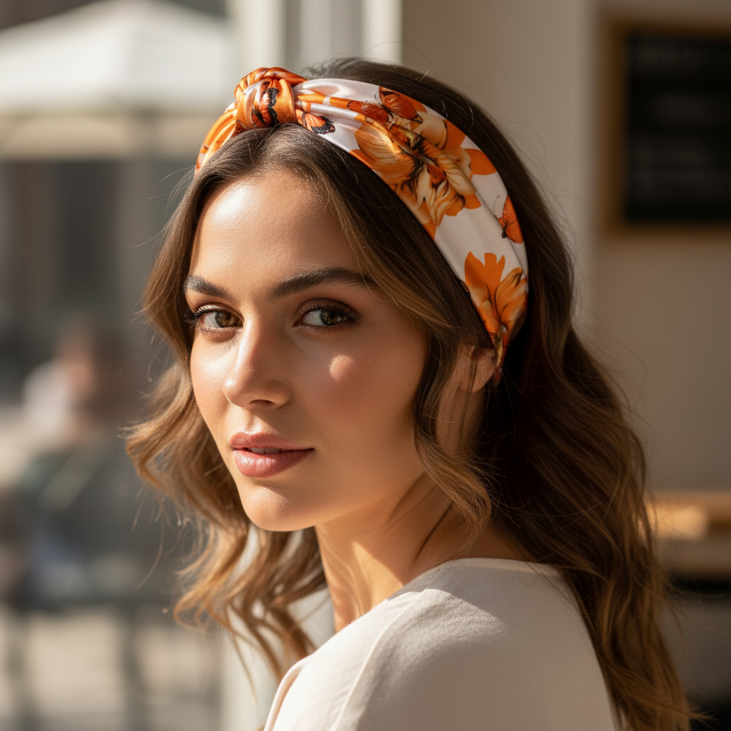Orange Butterfly Floral Satin Scarf Styled as Headband 20x20 Autumn Bloom Hair Accessory