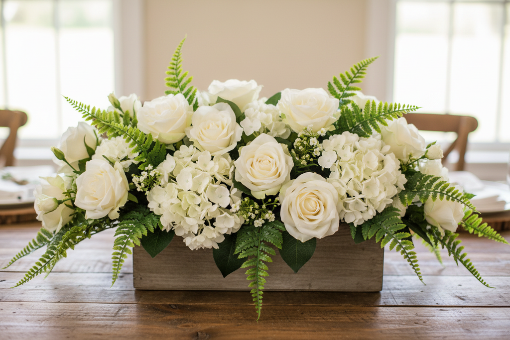 Lush rustic wedding centerpiece in a wooden box with white roses, hydrangeas, and artificial fern leaf greenery picks on a weathered wood farmhouse table