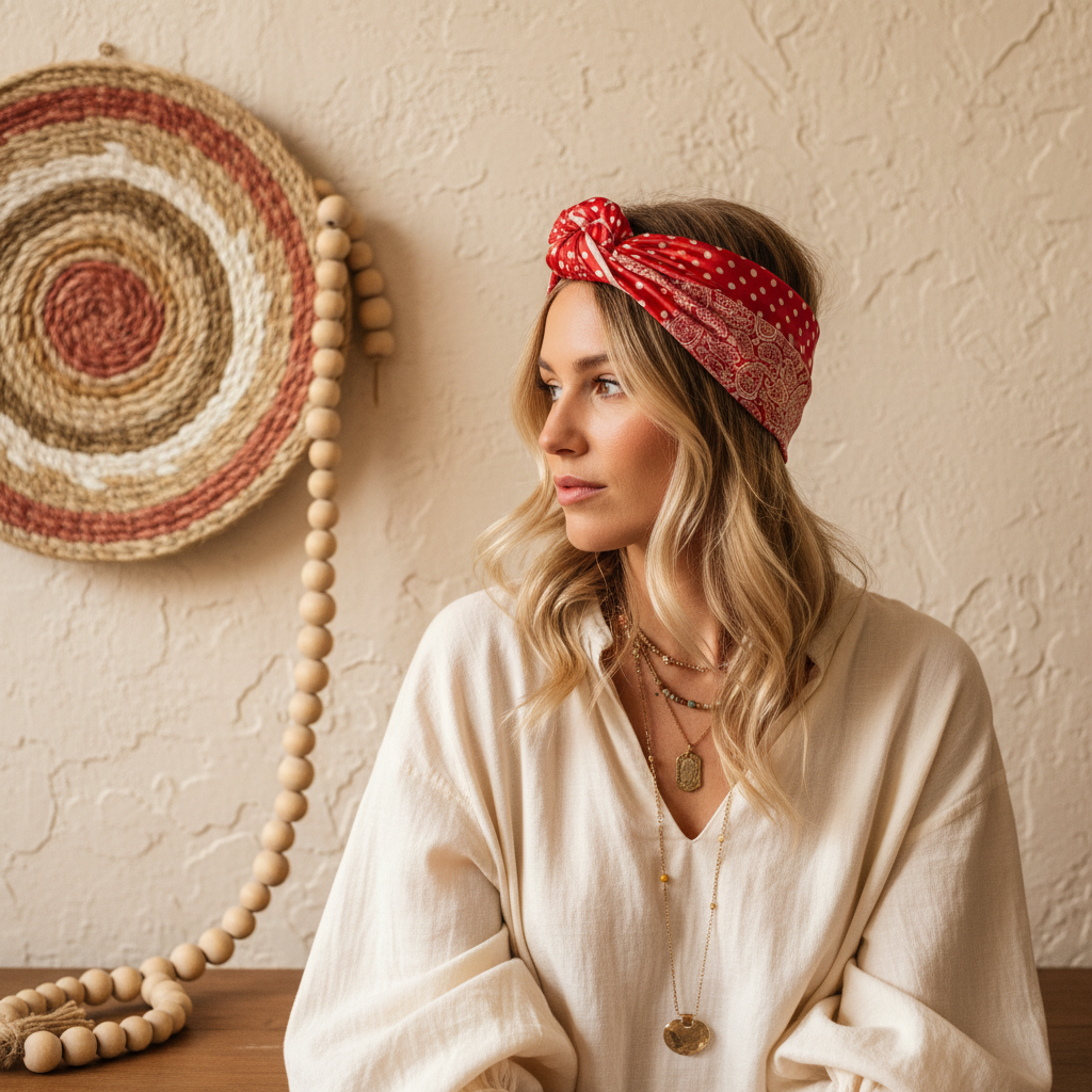 Woman wearing red and white paisley polka dot patchwork satin square scarf as a hair wrap, boho style, cream blouse, plaster wall background