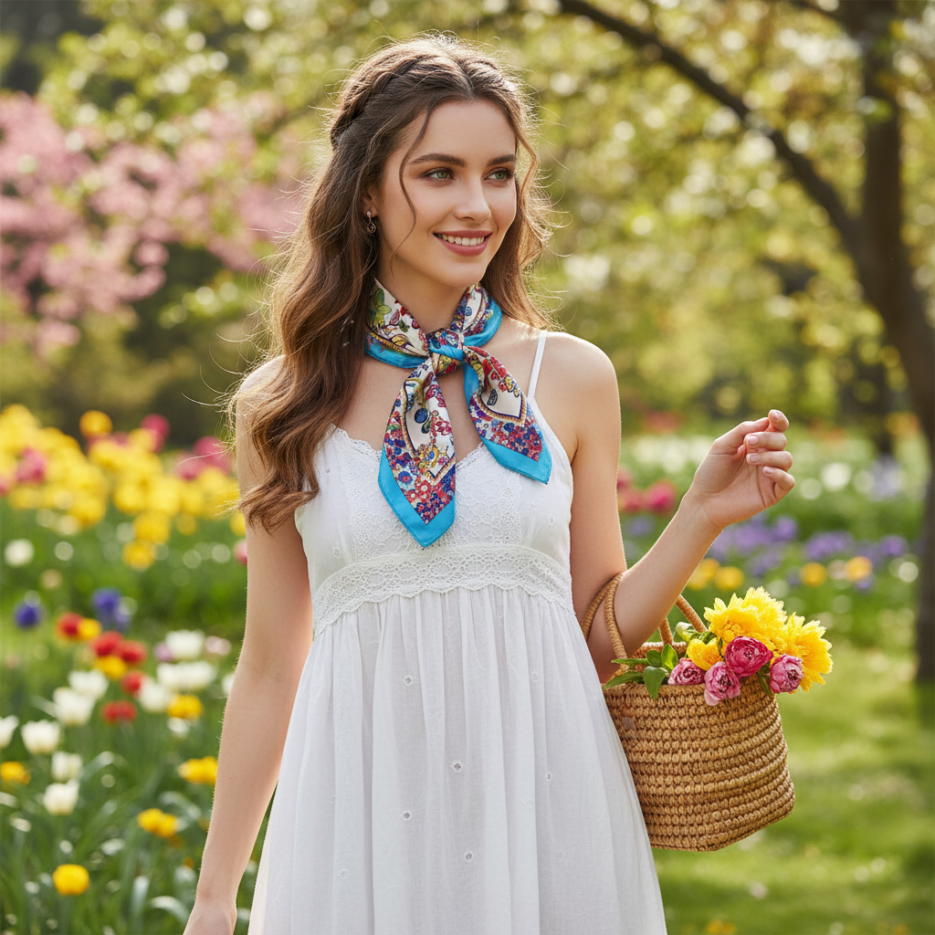 Woman wearing blue floral bohemian satin scarf 20x20 tied around neck in colorful garden style