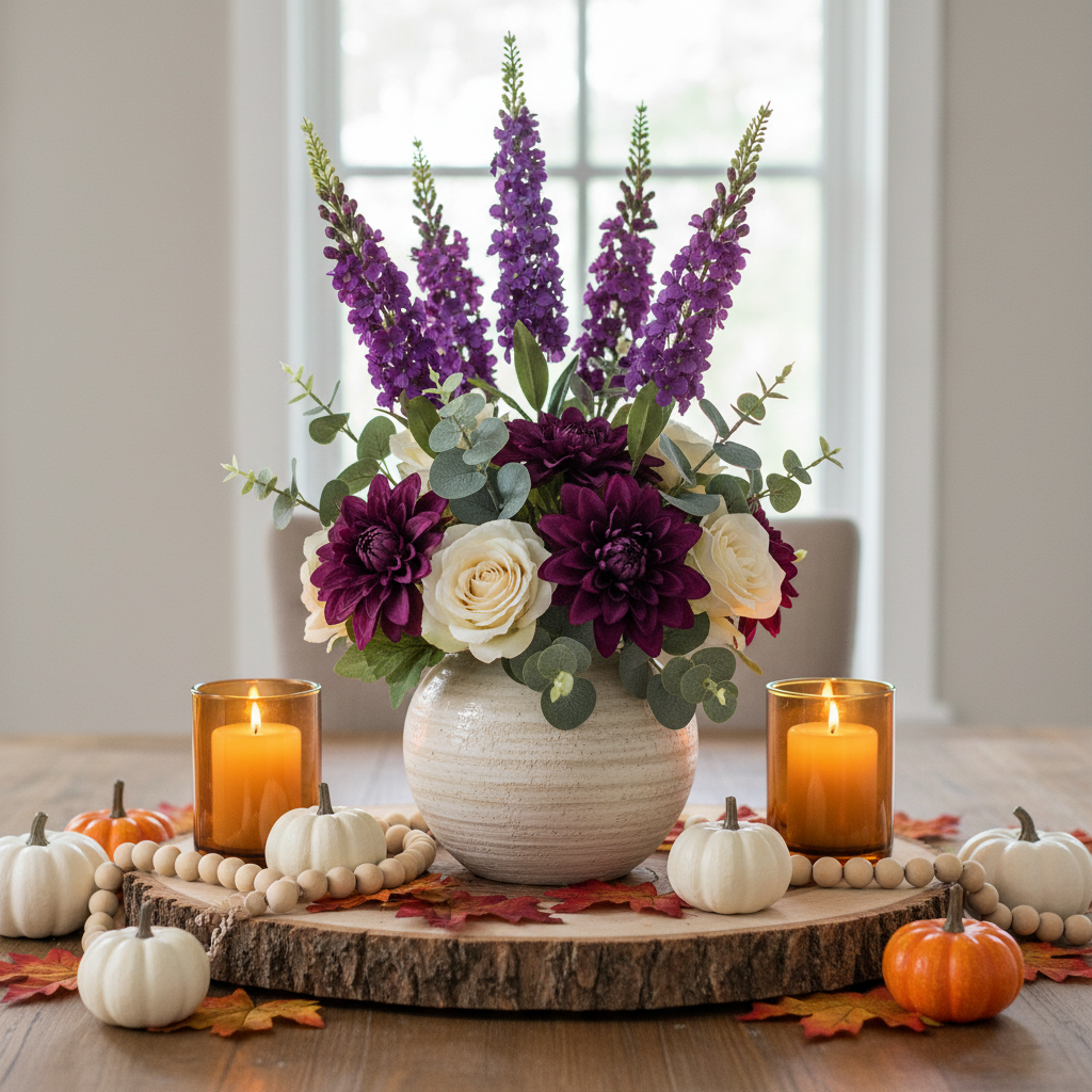 Rich purple snapdragon larkspur stems in a fall Thanksgiving centerpiece with dahlias, ivory roses, pumpkins, and amber candles