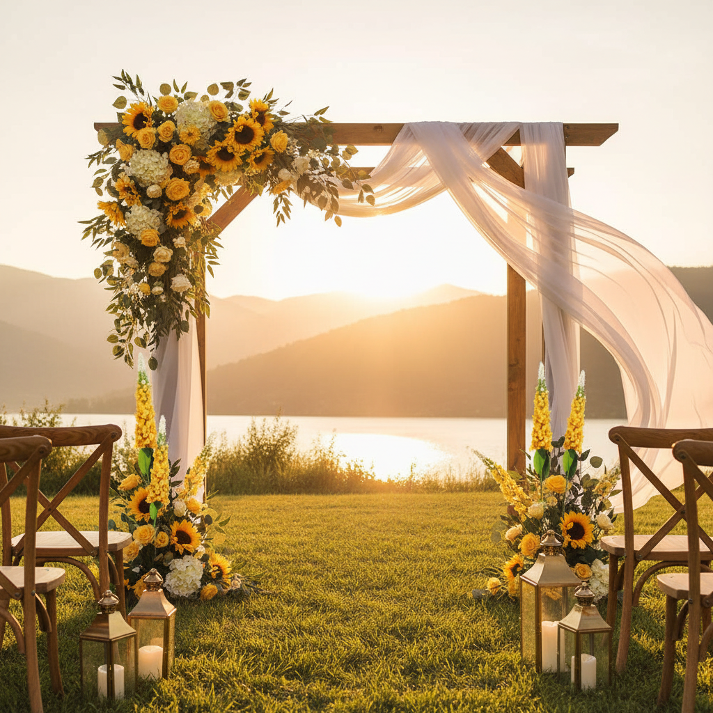 Golden yellow snapdragon larkspur spike stems on a wooden outdoor wedding arch with yellow roses, sunflowers, cream hydrangeas and eucalyptus, golden hour lakeside setting