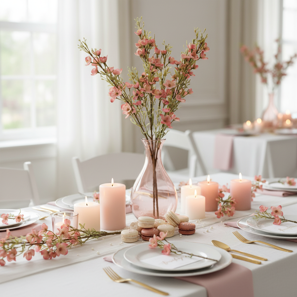 Artificial two-tone pink dogwood stems in blush vase as elegant bridal shower table centerpiece with macarons and pink decor