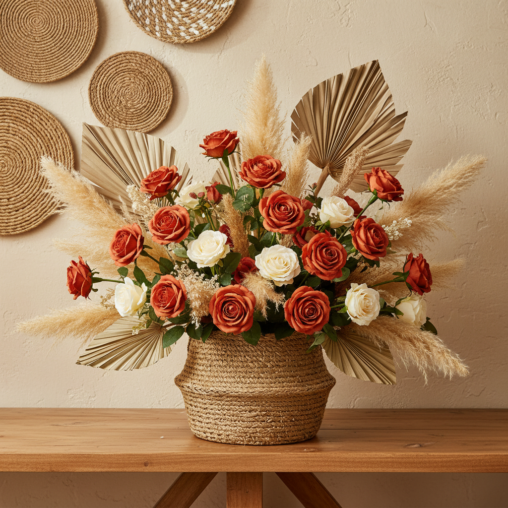 Artificial terracotta roses with pampas grass, cream roses, and dried palm leaves in a woven seagrass basket on a warm wood console table with cream plaster wall and round woven wall art