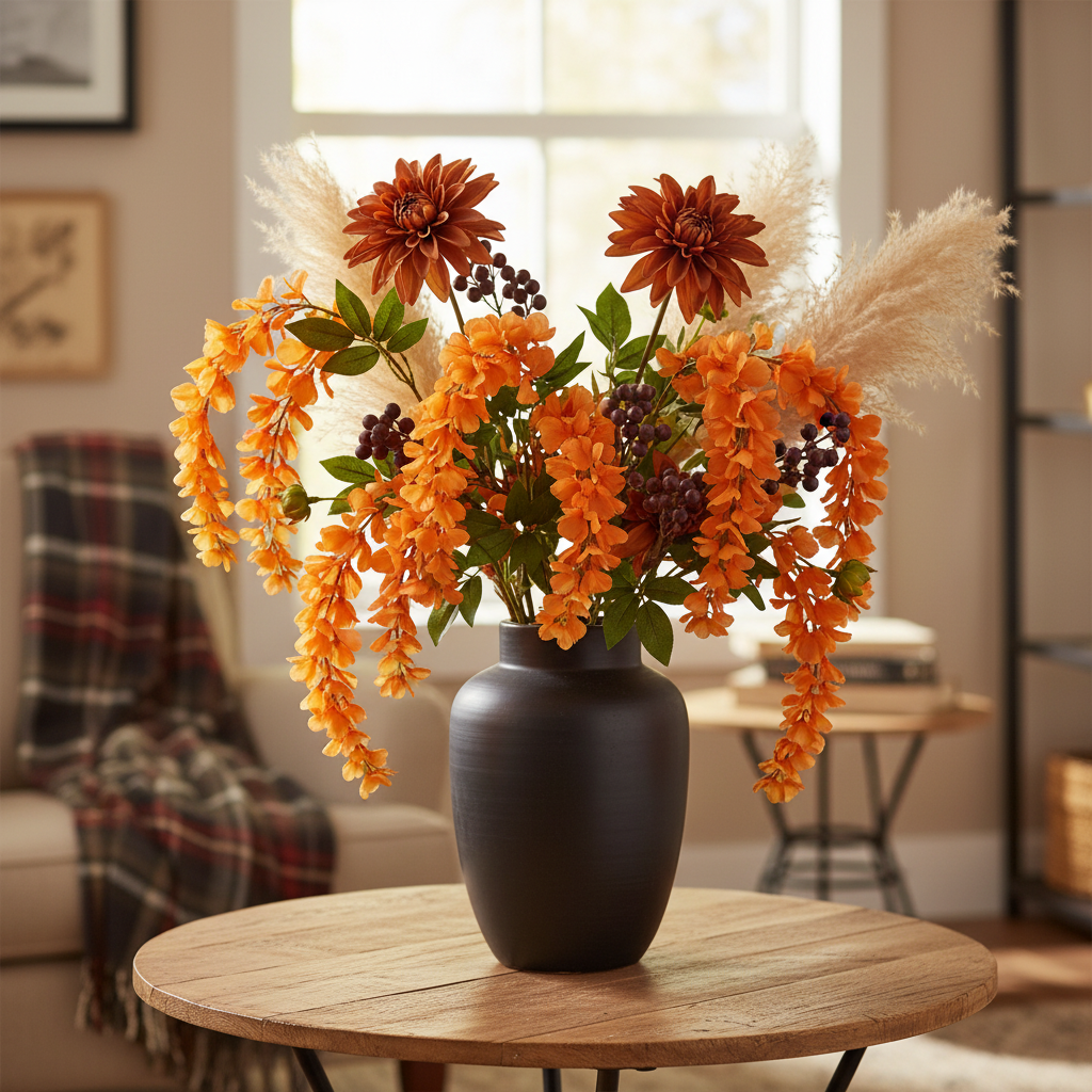 Artificial orange wisteria stem in a tall dark vase with rust dahlias, burgundy berries, and pampas grass on a wooden table