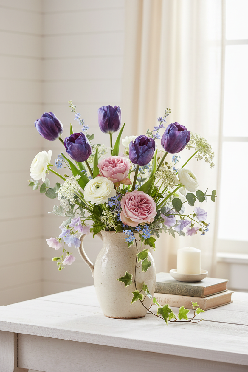 Purple Real Touch artificial tulip bouquet with 6 stems arranged in a weathered cream ceramic pitcher with white ranunculus, blush garden roses, lavender sweet peas, forget-me-nots, and trailing ivy in a bright airy cottage style home setting with white shiplap walls and soft natural window light