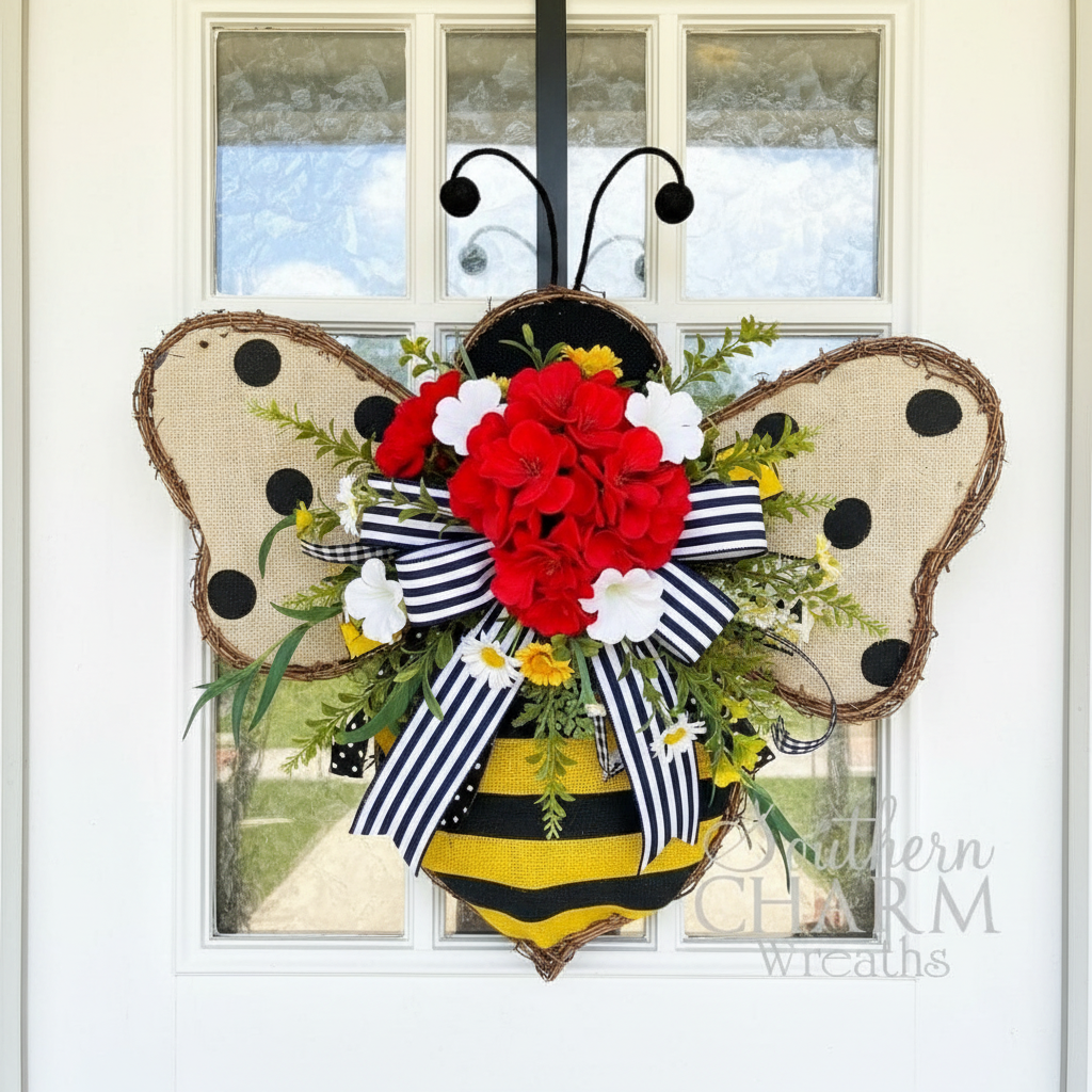 Bee wire wreath frame with red geraniums, white petunias, and patriotic striped ribbon on white door for summer Americana decor