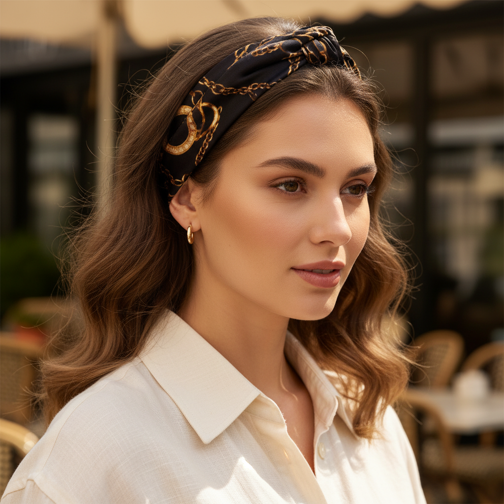 Black Gold Paris Chain Satin Scarf Styled as Headband 20x20 Luxury Hair Accessory