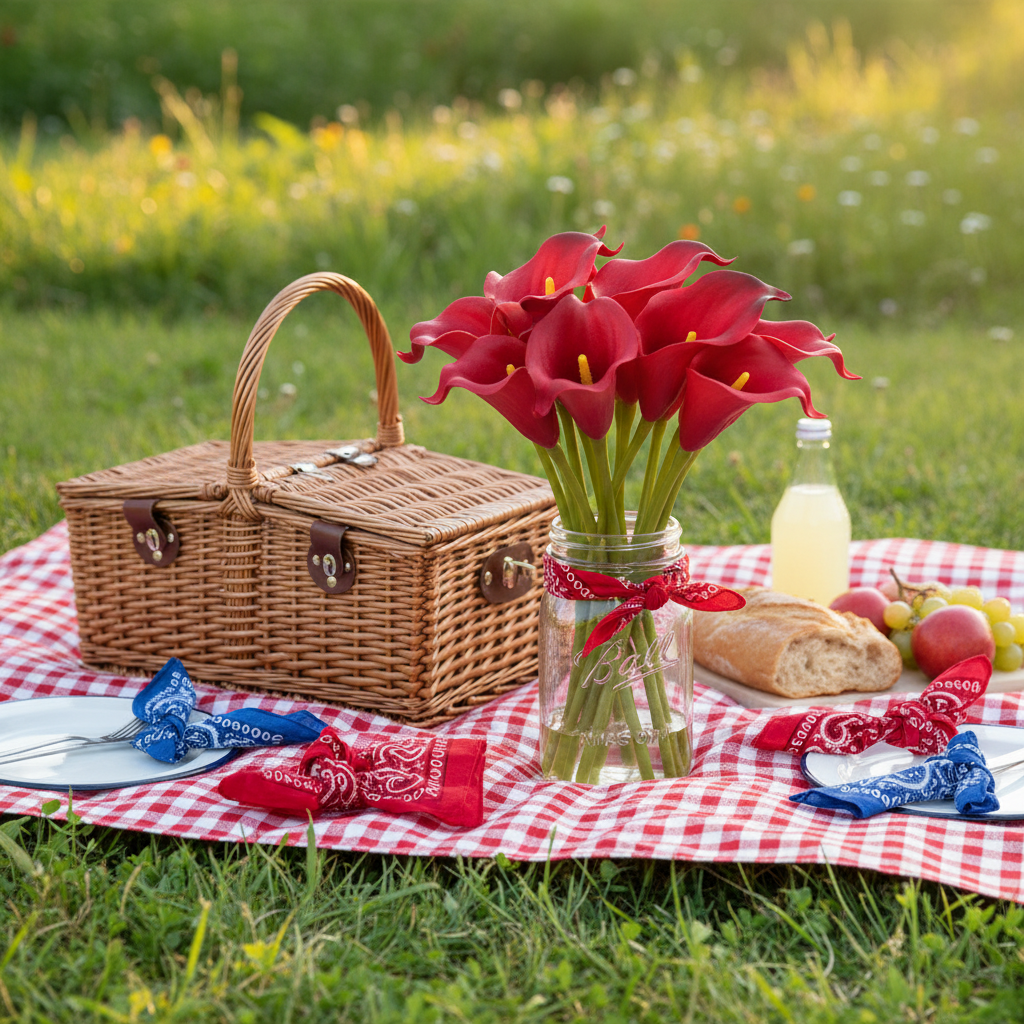 Cherry red black edge artificial calla lily stems in mason jar with bandana at western picnic scene with gingham blanket and wicker basket