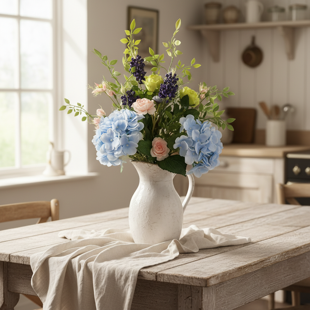 Blue hydrangea and green rose faux flower bouquet in rustic white ceramic pitcher on weathered farmhouse table with cottage decor