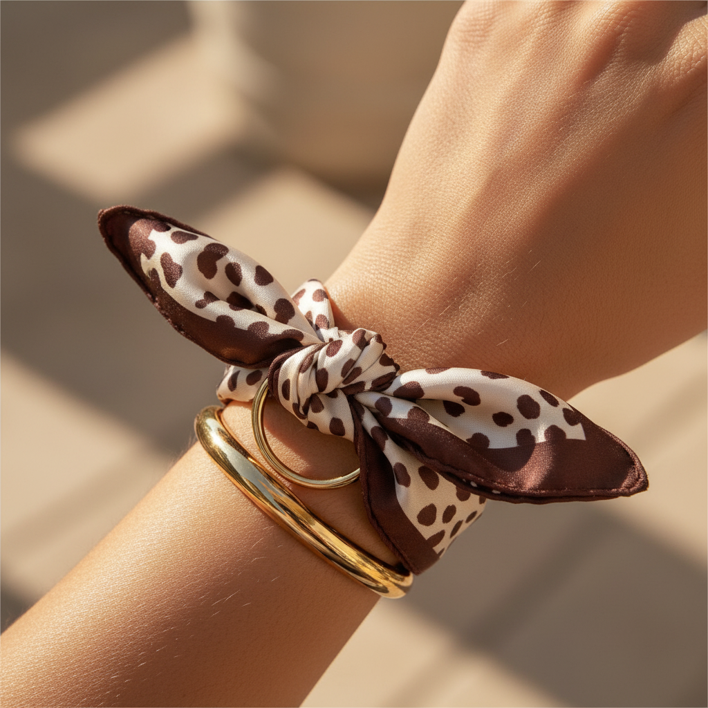 Close-up of cream brown leopard print satin square scarf double wrapped around wrist with gold ring bangle threaded through scarf knot wrist wrap jewelry styling 20x20