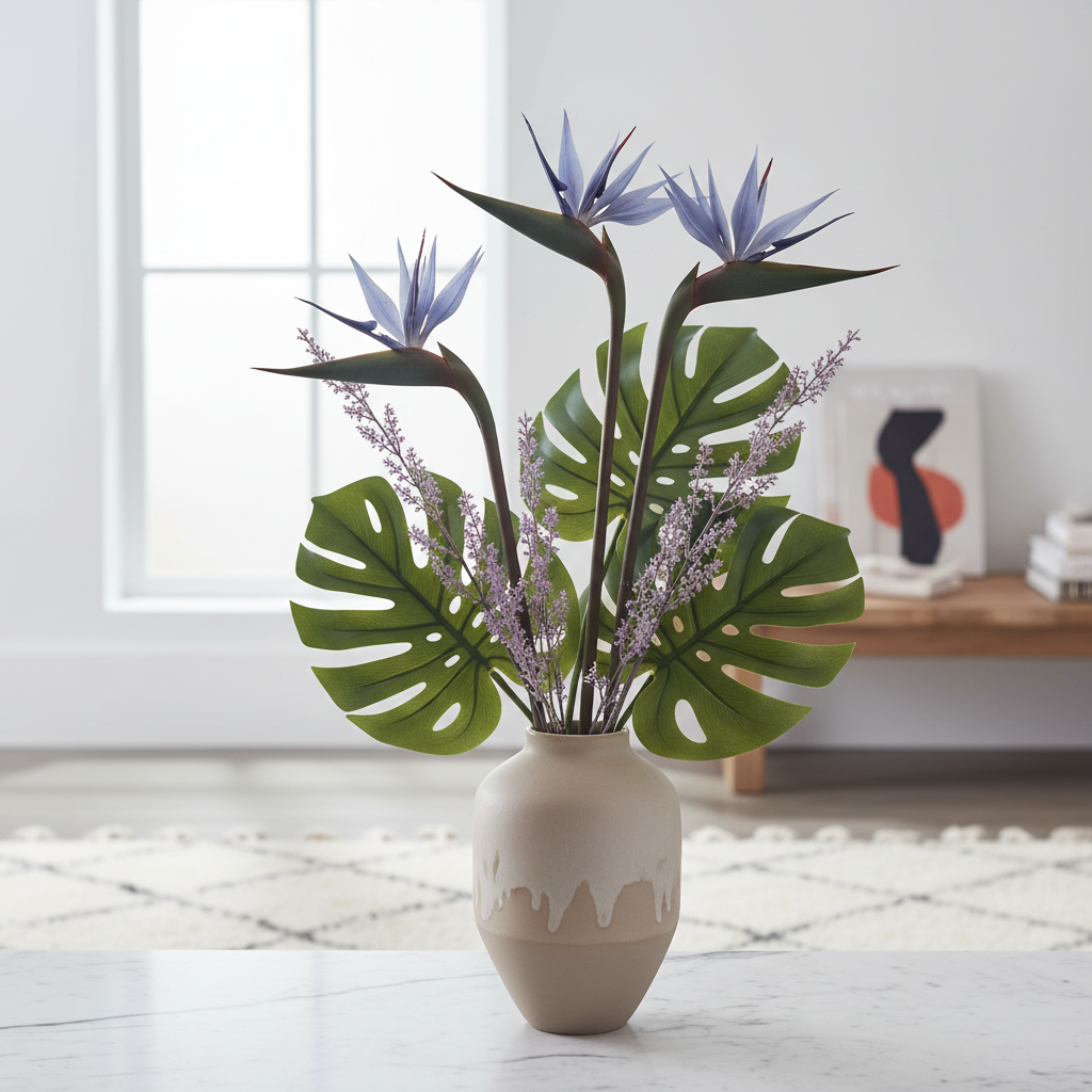 Moody blue purple Bird of Paradise artificial stems in tropical arrangement with monstera leaves and lavender flowers in neutral ceramic vase