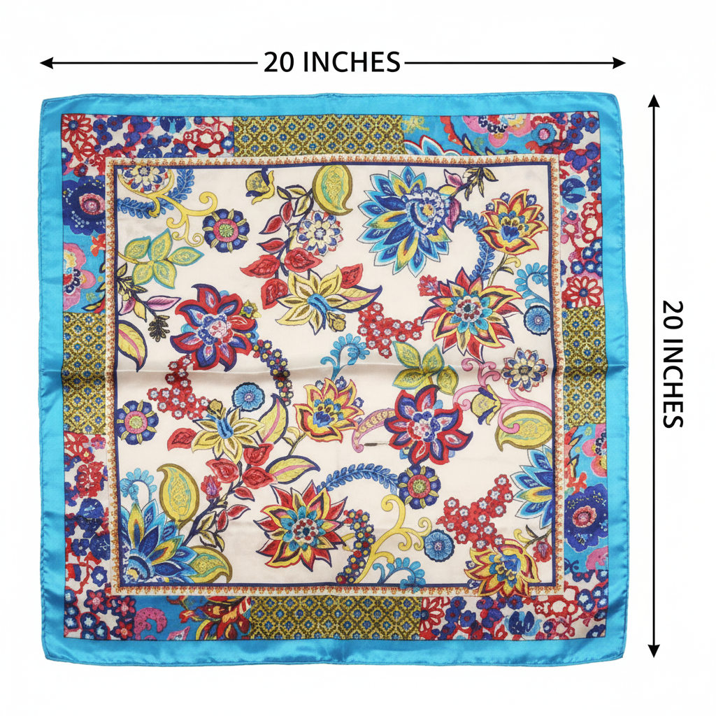 Blue floral bohemian satin scarf measurement diagram showing 20x20 inch dimensions
