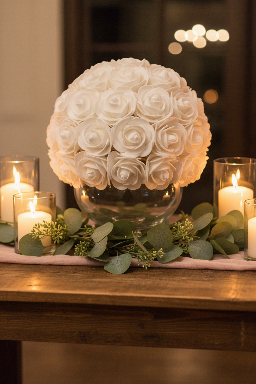 25 white foam rose heads arranged on a round kissing ball centerpiece with eucalyptus, white candles, and blush linen on a rustic wedding table