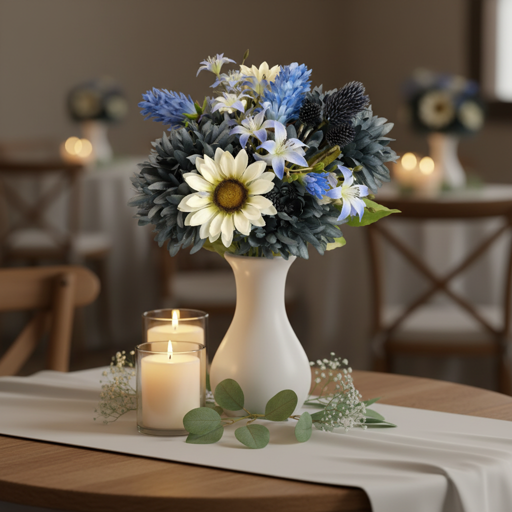Artificial Blue Mum White Sunflower Bouquet Wedding Centerpiece Table Decor Faux Flowers